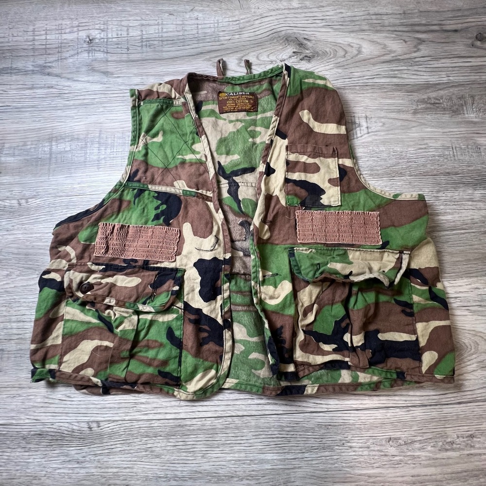 Caliber Hunting‎ Vest Mens Large Green Woodland Camo Utility Fishing Cotton V9